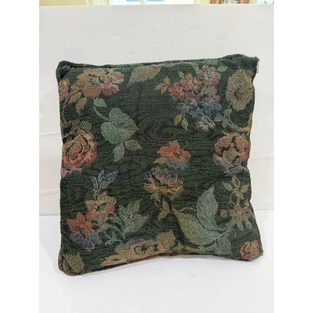 Vintage Tapestry Style Throw Pillow Floral print Greens and lavender 16